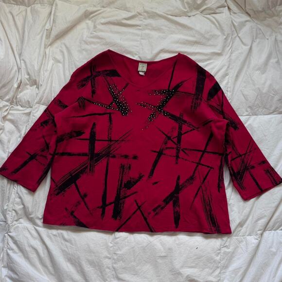 jess and jane 90s y2k red abstract long sleeve top sz 1X rhinestones gothic - Picture 1 of 8